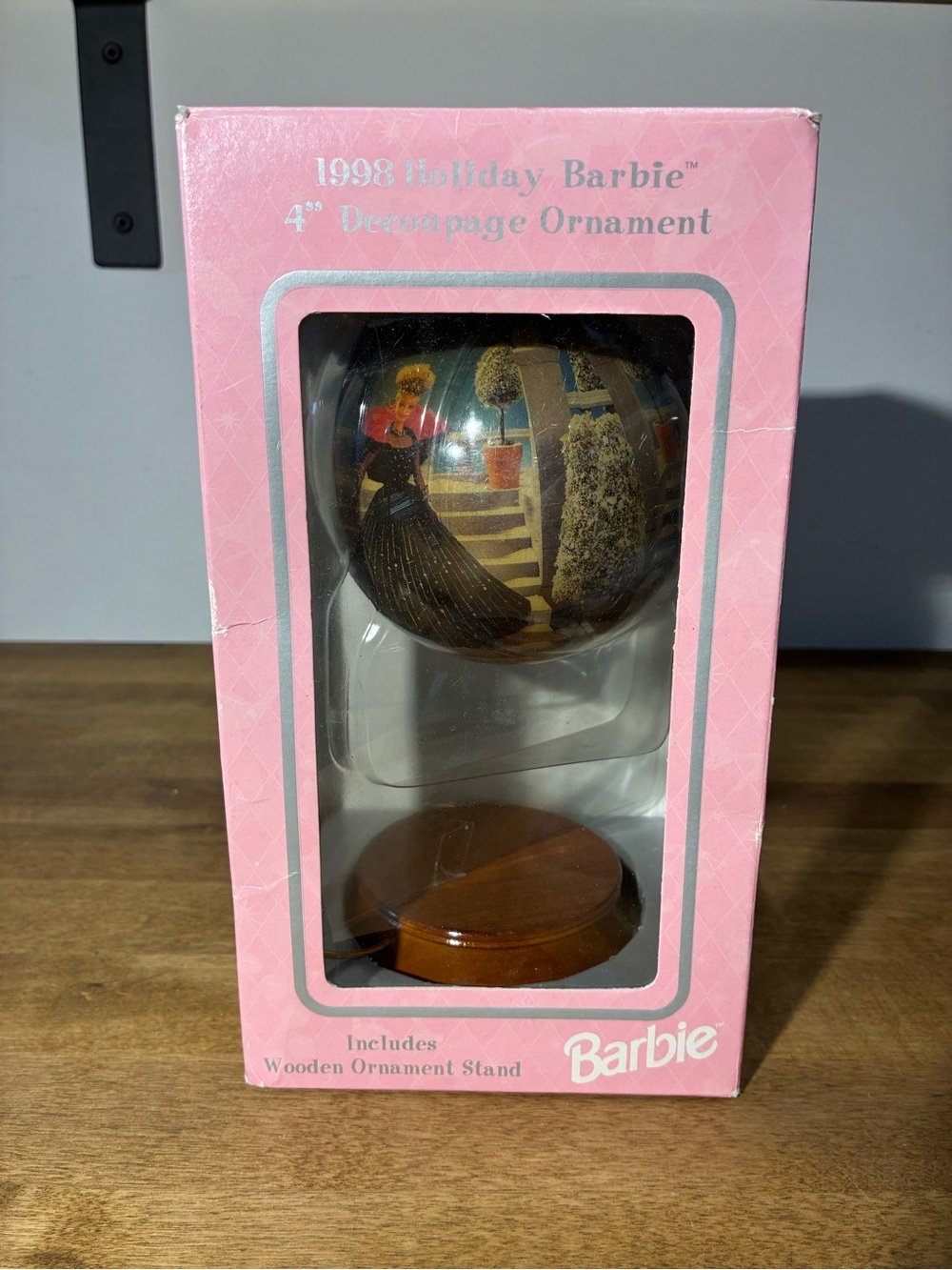Barbie 1998 Holiday Barbie 4in Decoupage Christmas Ornament w/ Wooden Stand